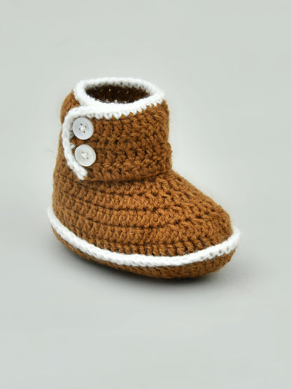 Pack of 2 Brown & White Handmade Woollen Crochet Baby Booties for Girls