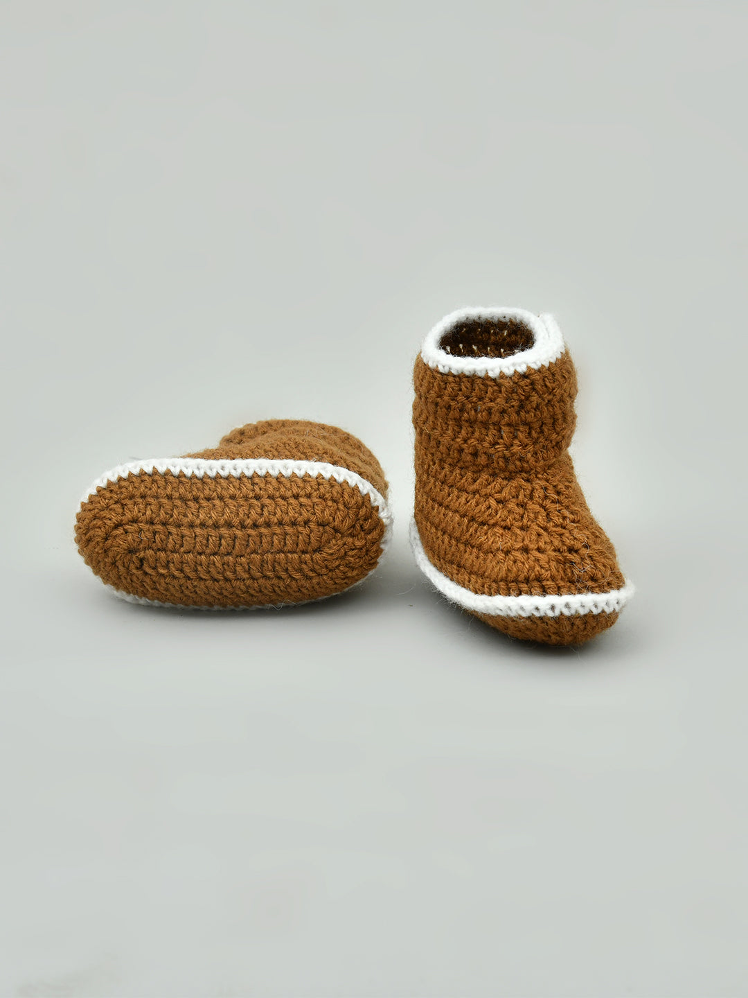 Pack of 2 Brown & White Handmade Woollen Crochet Baby Booties for Girls