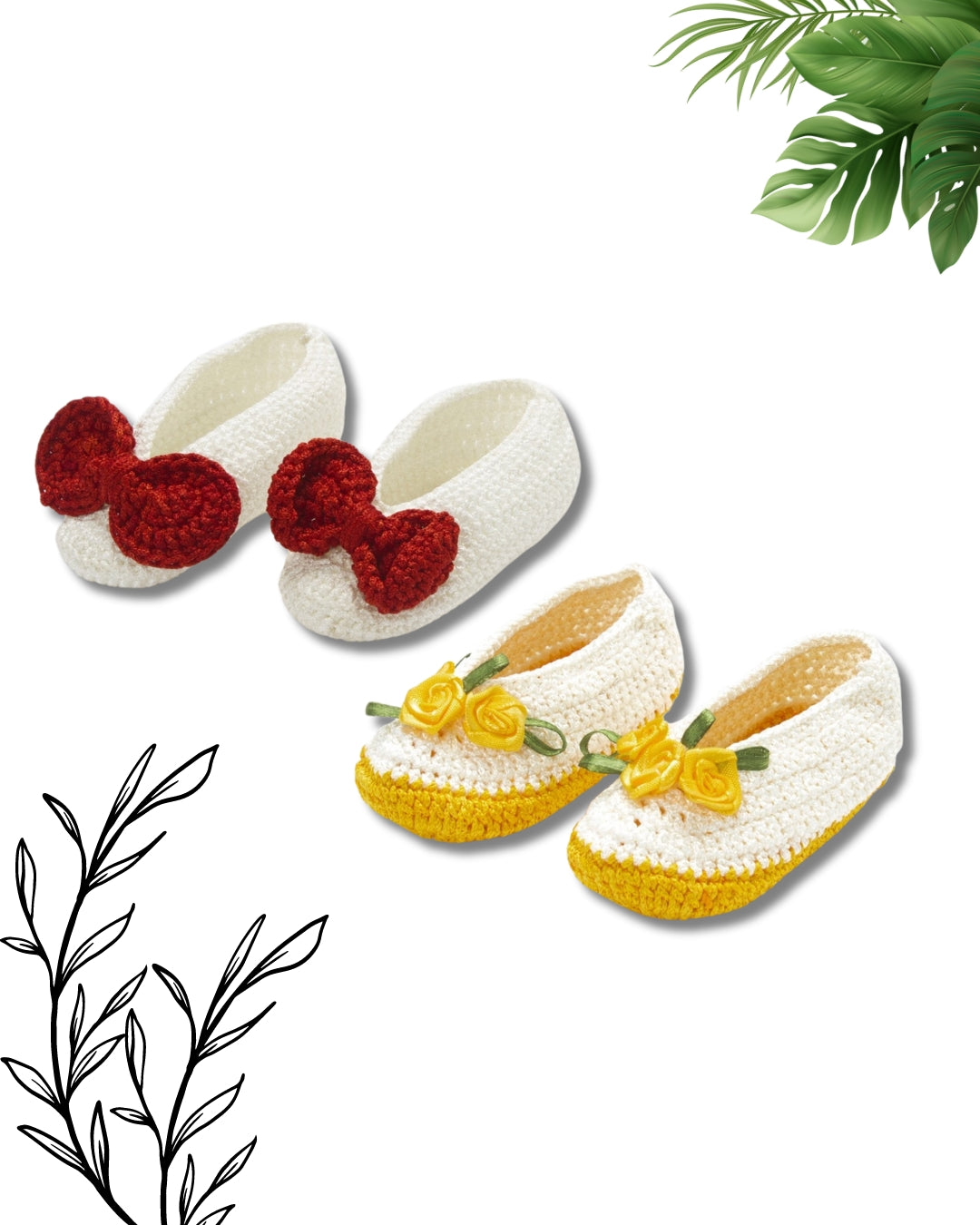 Pack of 2 White & Yellow Handmade Crochet Baby Booties for Girls