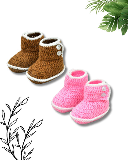 Pack of 2 Brown & Pink Handmade Woollen Crochet Baby Booties for Girls