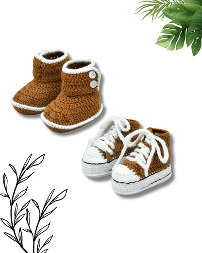 Pack of 2 Brown Handmade Woollen Crochet Baby Shoes for Boys & Girls