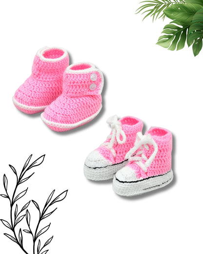 Pack of 2 Pink Woollen Handmade Crochet Baby Booties for Girls