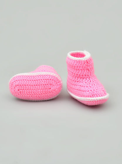 Pack of 2 Pink Woollen Handmade Crochet Baby Booties for Girls