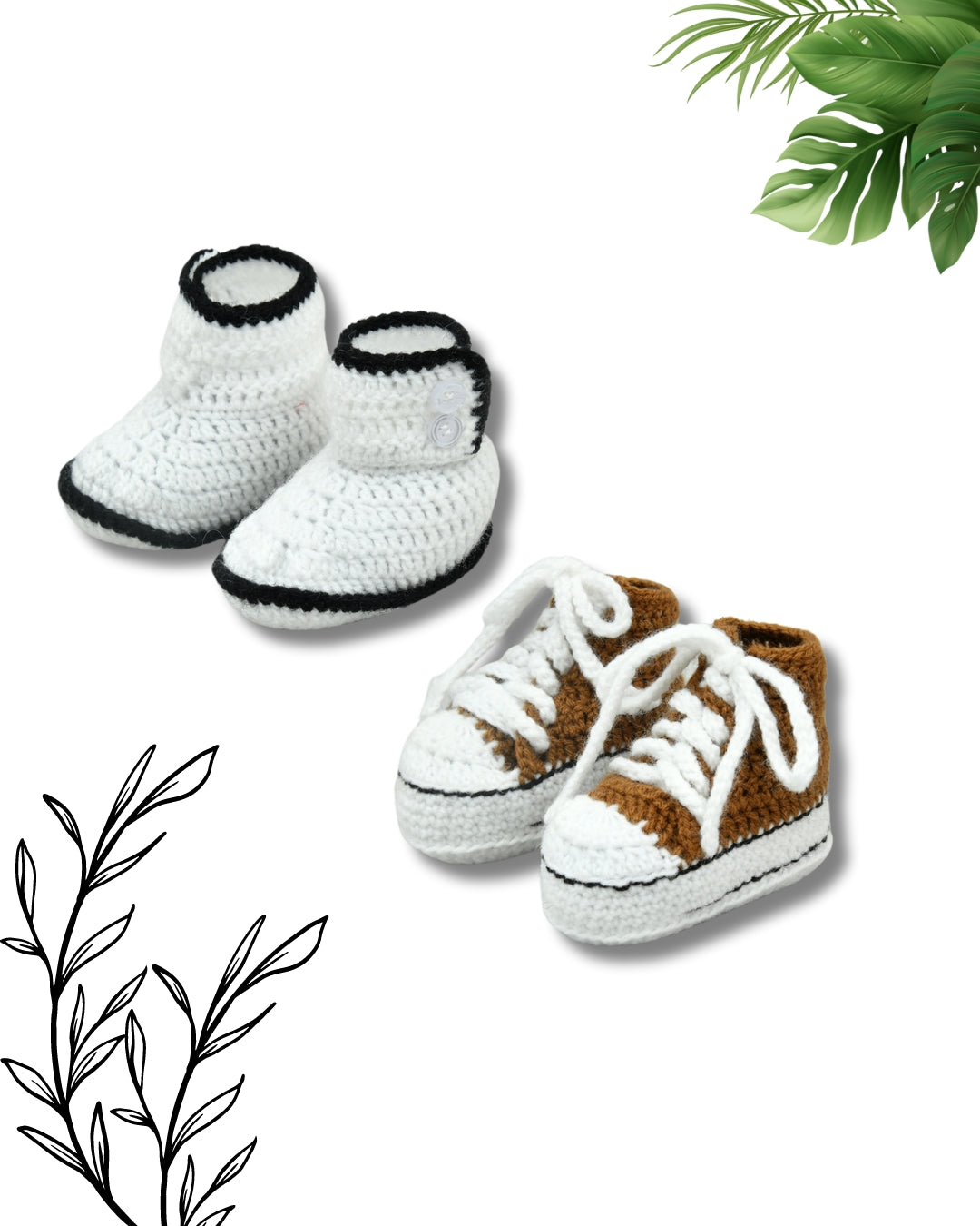 Pack of 2 Brown & White Handmade Baby Infant Woollen Crochet Baby Shoes for Boys & Girls