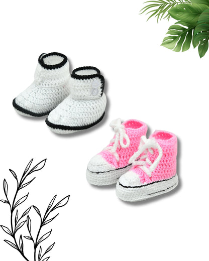 Pack of 2 Pink & White Woollen Handmade Crochet Baby Booties for Girls