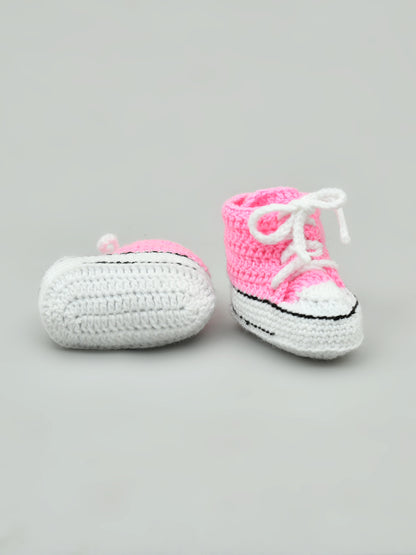 Pack of 2 Pink & White Woollen Handmade Crochet Baby Booties for Girls