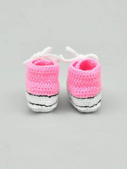 Pack of 2 Pink & White Woollen Handmade Crochet Baby Booties for Girls