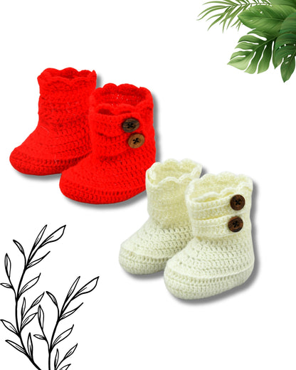 Pack of 2 Red & Off White Woollen Handmade Crochet Baby Booties for Girls