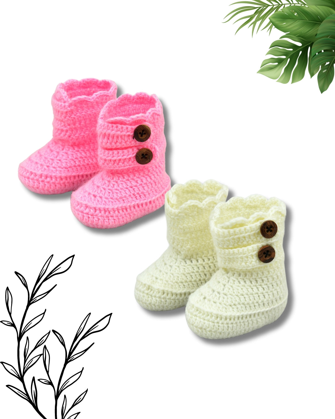 Pack of 2 Pink & Off White Woollen Handmade Crochet Baby Booties for Girls