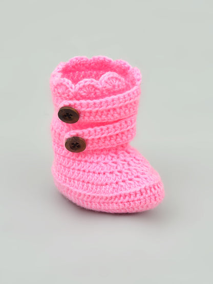 Pack of 2 Pink & Off White Woollen Handmade Crochet Baby Booties for Girls