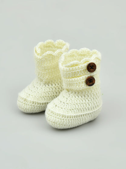 Pack of 2 Pink & Off White Woollen Handmade Crochet Baby Booties for Girls