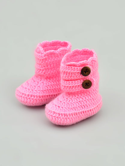 Pack of 2 Pink & Off White Woollen Handmade Crochet Baby Booties for Girls