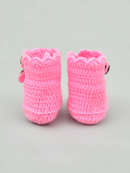 Pack of 2 Pink & Off White Woollen Handmade Crochet Baby Booties for Girls