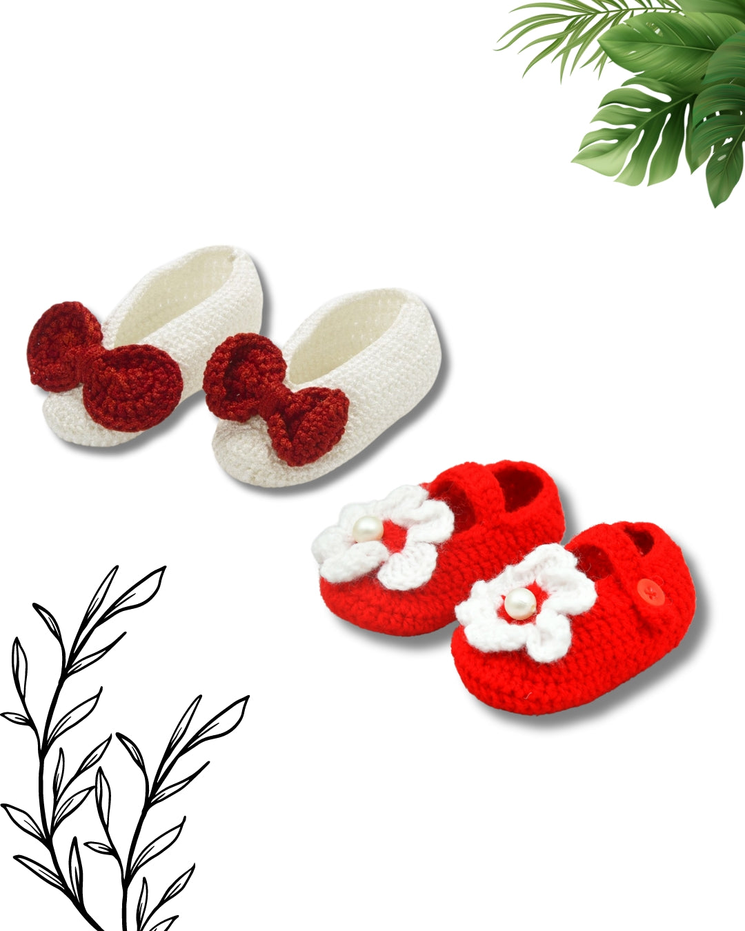 Pack of 2 Red & White Handmade Crochet Baby Booties for Girls