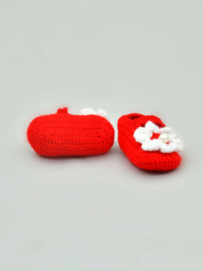 Pack of 2 Red & White Handmade Crochet Baby Booties for Girls