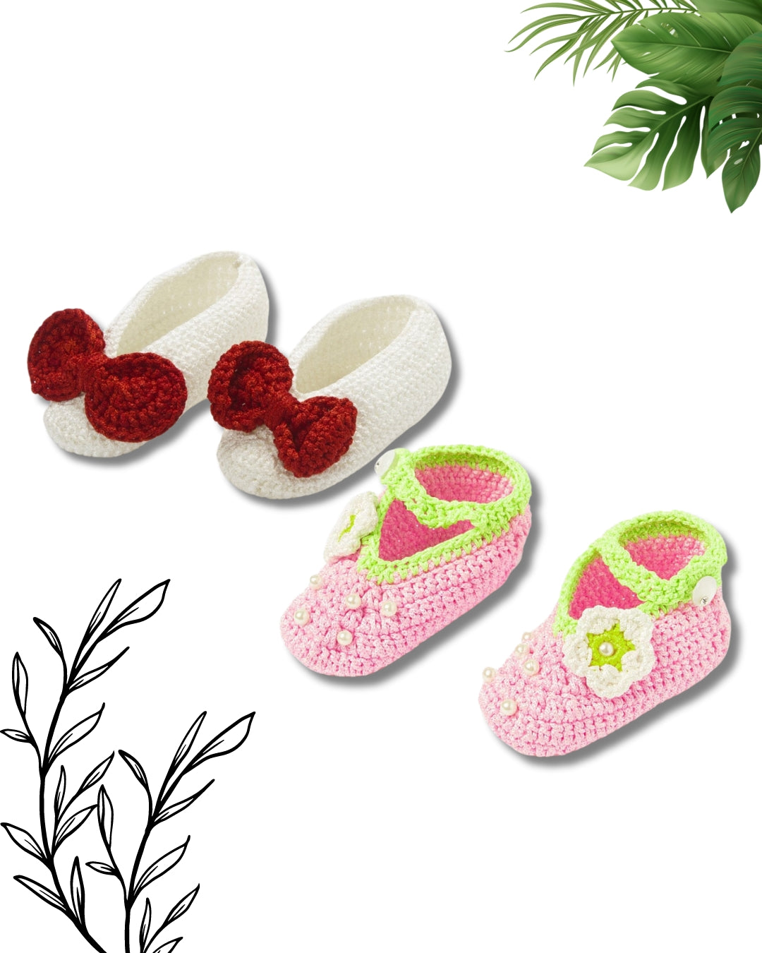 Pack of 2 Pink & White Handmade Crochet Baby Booties for Girl