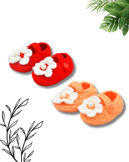 Pack of 2 Red & Peach Handmade Woollen Crochet Baby Booties for Girls