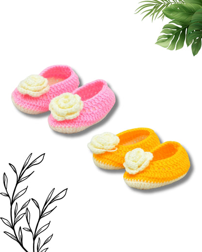 Pack of 2 Pink & Yellow Handmade Woollen Crochet Baby Booties for Girl