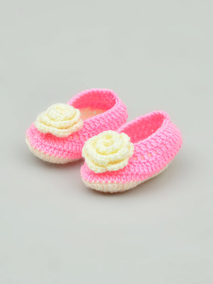 Pack of 2 Pink & Yellow Handmade Woollen Crochet Baby Booties for Girl