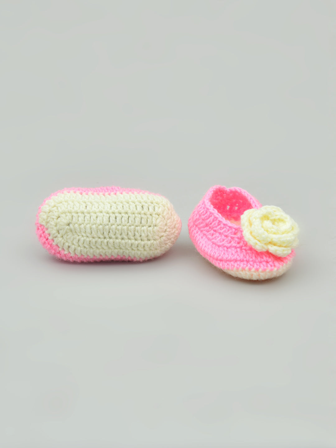 Pack of 2 Pink & Yellow Handmade Woollen Crochet Baby Booties for Girl