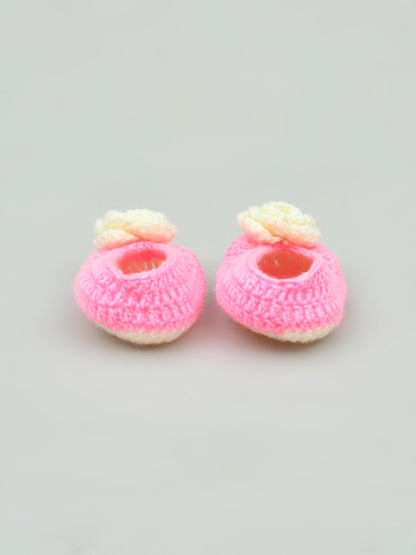 Pack of 2 Pink & Yellow Handmade Woollen Crochet Baby Booties for Girl