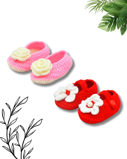 Pack of 2 Pink & Red Handmade Woollen Crochet Baby Booties for Girl