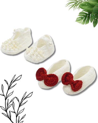 Pack of 2 White & Red Handmade Crochet Baby Booties for Girls