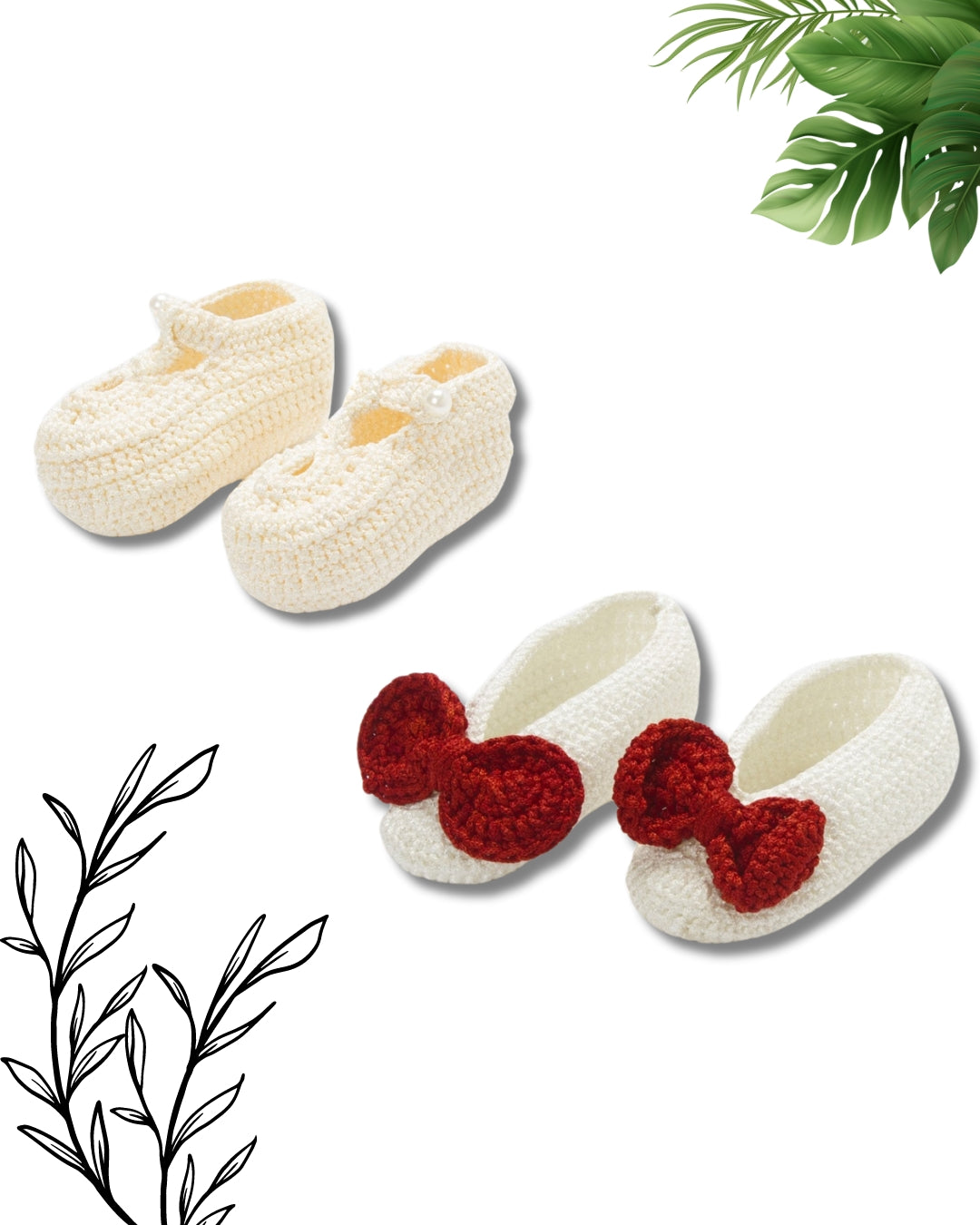 Pack of 2 White & Off White Handmade Crochet Baby Booties for Girls