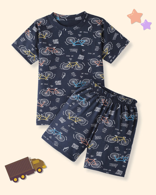 Navy Blue Kids Pure Cotton Half Sleeves Bicycle Printed T-shirt & Shorts Set Set