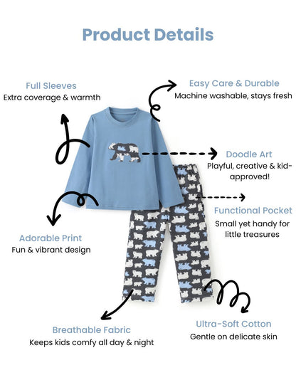 Bear Printed Premium Cotton Full Sleeves Blue T-Shirt with Grey Pyjama for Boys & Girls