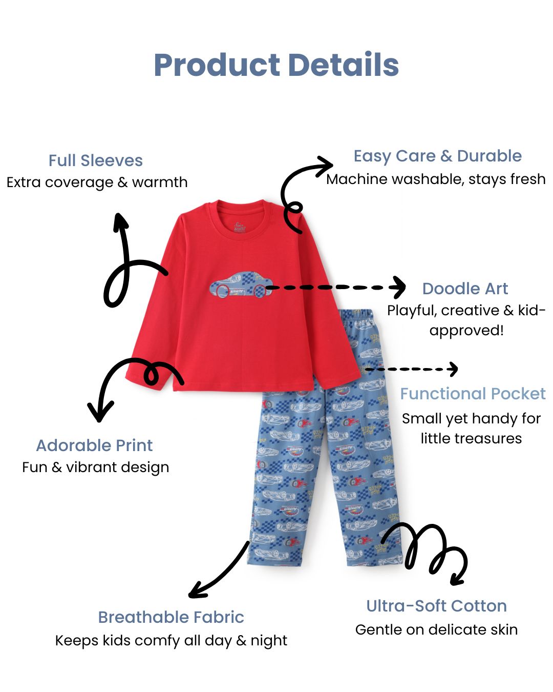 Car Printed Premium Cotton Full Sleeves Red T-Shirt with Blue Pyjama for Boys