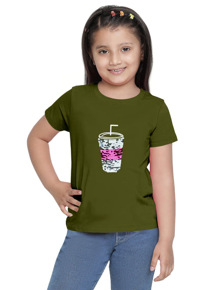 Olive Green Girls Sequin T-shirt