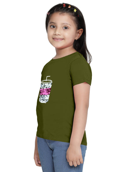 Olive Green Girls Sequin T-shirt