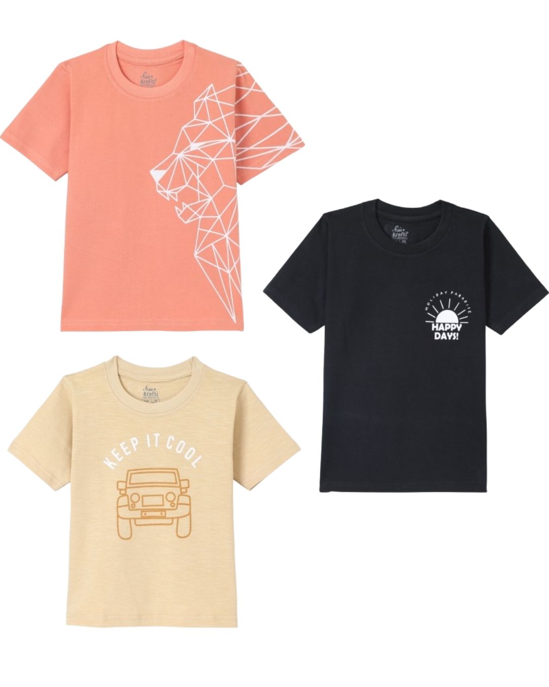 Pack of 3 Premium Cotton Half Sleeves Printed T-Shirt for Boys - Beige, Black & Peach