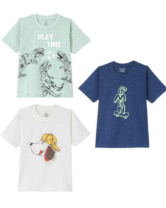 Pack of 3 Premium Cotton Half Sleeves Printed T-Shirt for Boys - Green, Blue & White