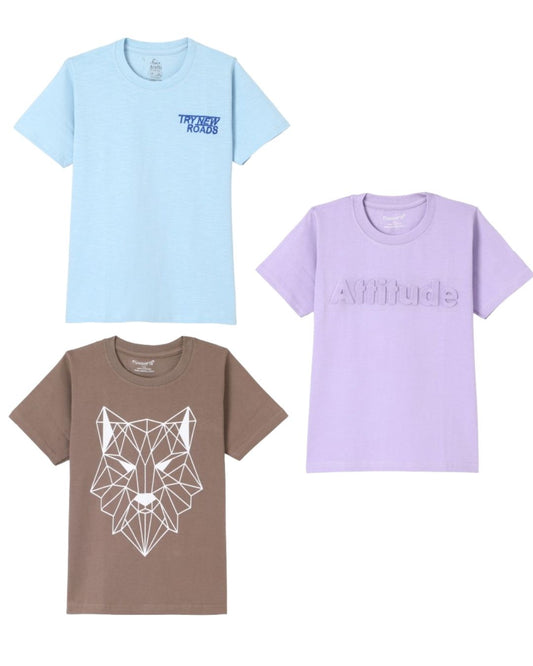 Pack of 3 Premium Cotton Half Sleeves Printed T-Shirt for Boys - Blue, Purple & Brown