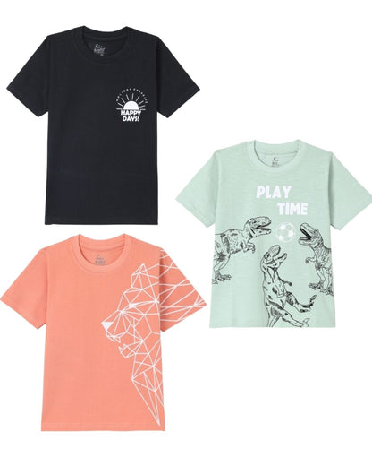 Pack of 3 Premium Cotton Half Sleeves Printed T-Shirt for Boys - Black, Peach & Green