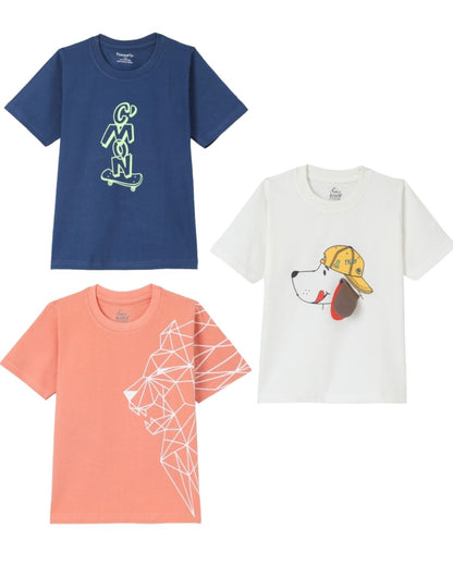 Pack of 3 Premium Cotton Half Sleeves Printed T-Shirt for Boys - Peach, Blue & White