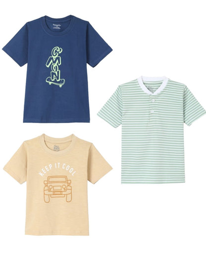 Pack of 3 Printed Premium Cotton Half Sleeves T-Shirt for Boys - Beige, Blue & Green