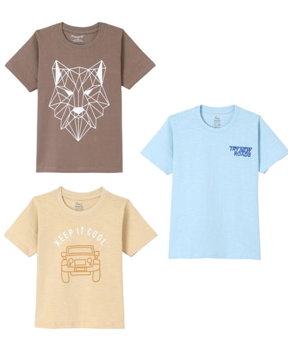 Pack of 3 Printed Premium Cotton Half Sleeves T-Shirt for Boys - Beige, Blue & Brown