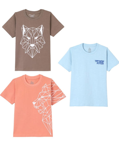 Pack of 3 Printed Premium Cotton Half Sleeves T-Shirt for Boys - Peach, Blue & Brown