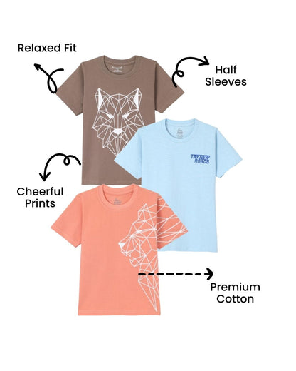 Pack of 3 Printed Premium Cotton Half Sleeves T-Shirt for Boys - Peach, Blue & Brown