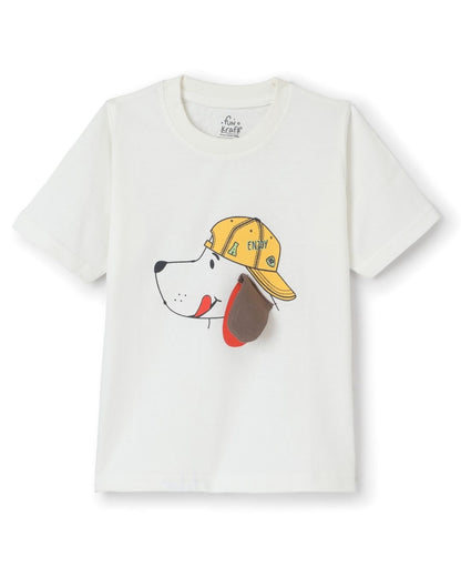 Puppy Printed Premium Cotton Half Sleeves White T-Shirt for Boys