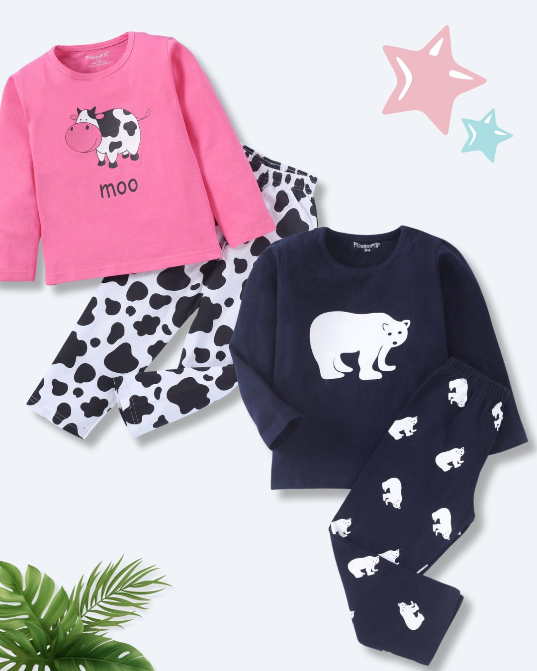 Navy Blue & Pink Pure Cotton Knitted Full Sleeves Bear & Cow Printed Nightsuit for Girls - Pack of 2