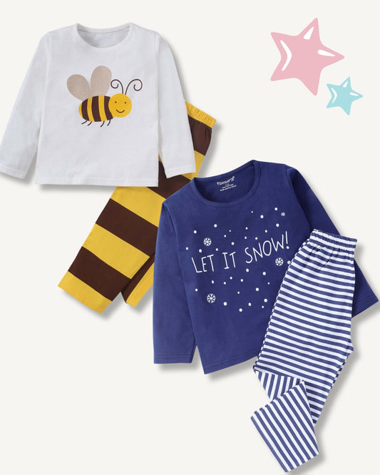 Blue & Off White Pure Cotton Knitted Full Sleeves Typographic & Bee Printed Nightsuit for Kids (Unisex) - Pack of 2