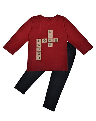 Girls Typo Printed 100% Cotton Nightsuit Set - Maroon & Black