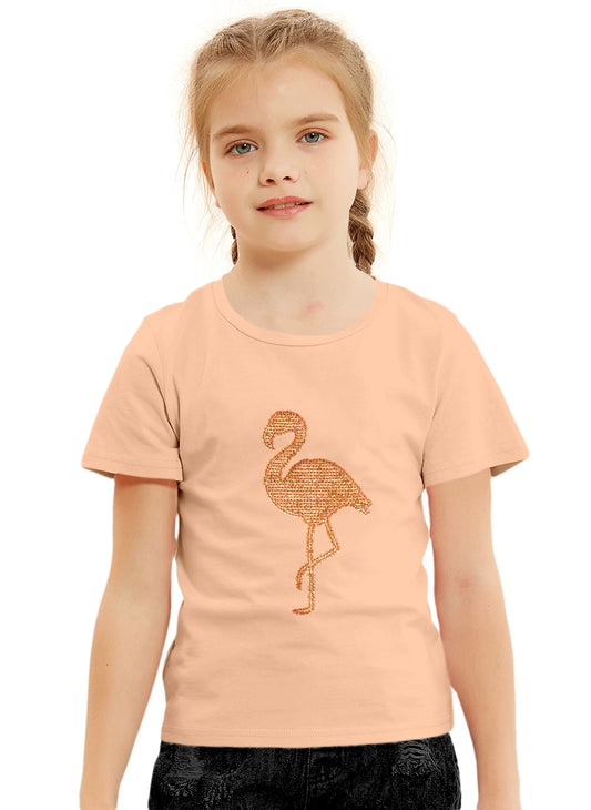 Peach Girls Sequin Printed Cotton T-shirt