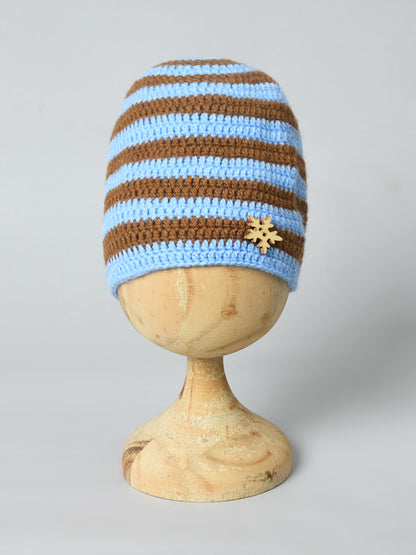 Brown & Blue Handmade Woollen Striped Cap for Kids