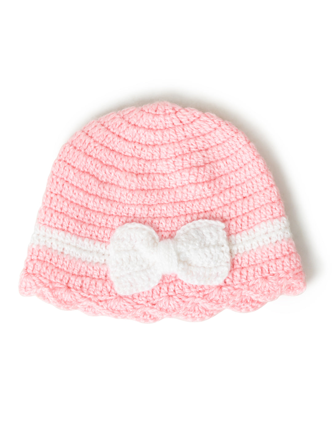 Pink & White Handmade Woollen Cap with Bow for Girls