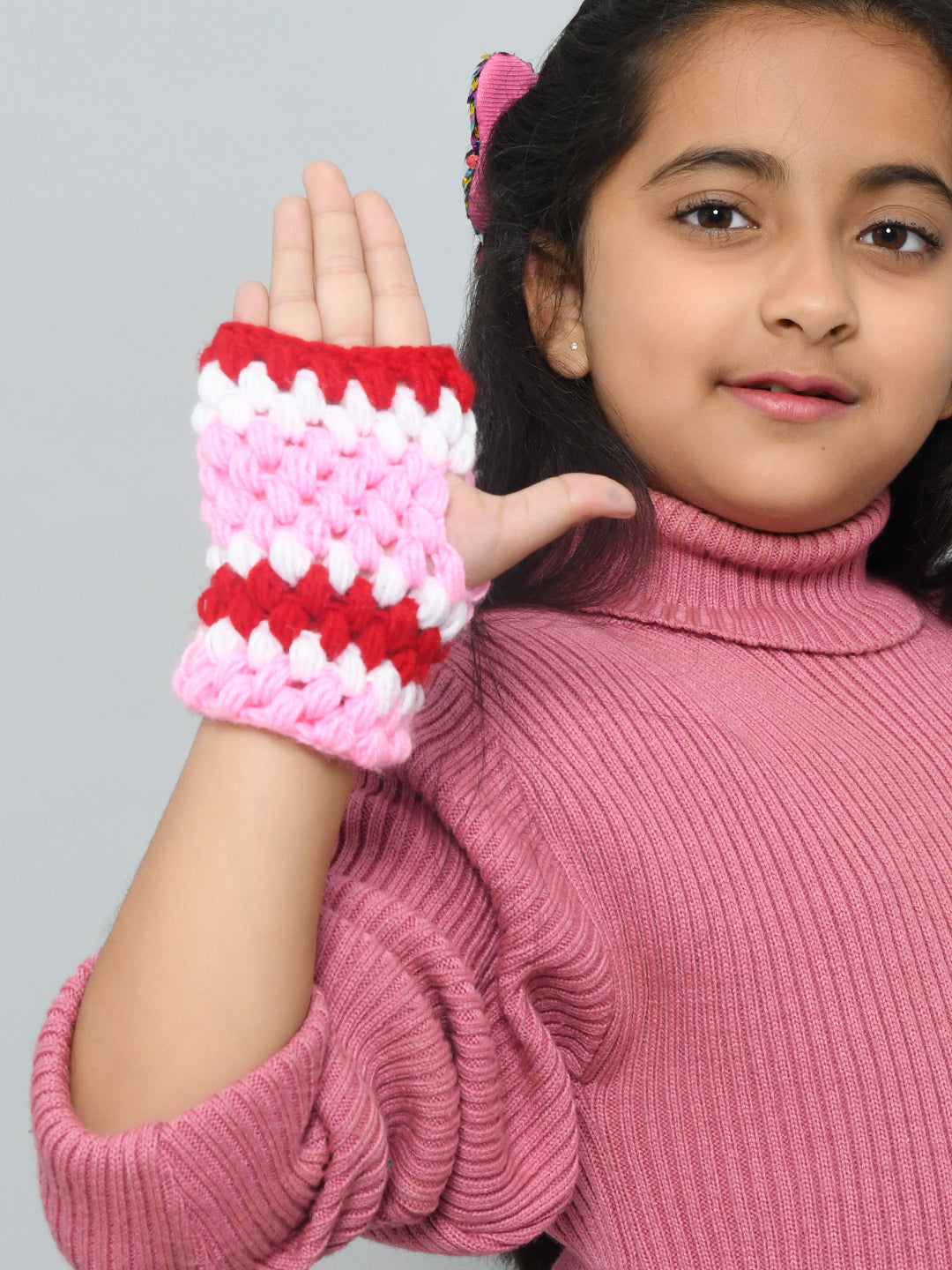 Pink Handmade Woollen Bubble Fingerless Gloves For Girls